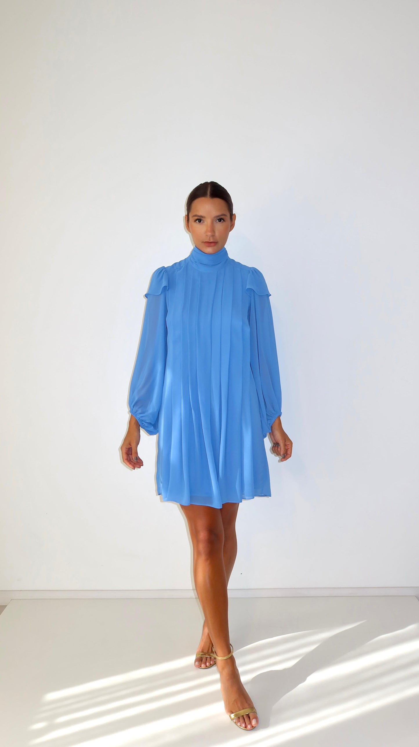 Vestido Chiffon Pregas Curto Azul Toldo Soul Hara