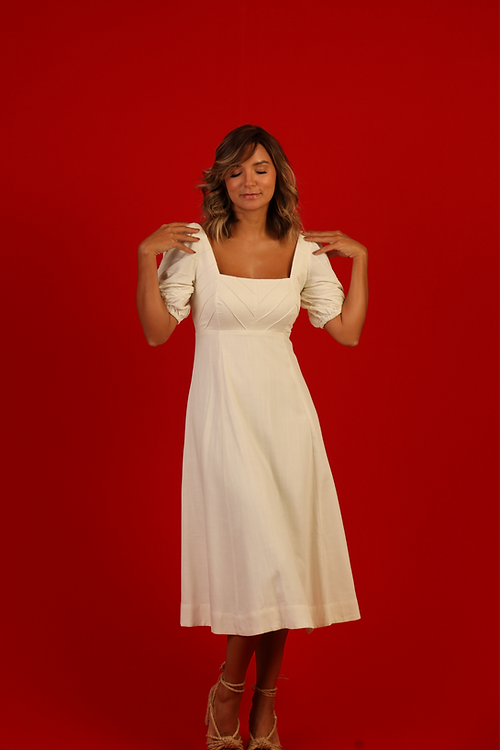 Vestido Folha Manga Bufante Off White Tapioca - Soul Hara