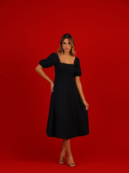 Vestido Folha Manga Bufante Preto Rio Negro - Soul Hara