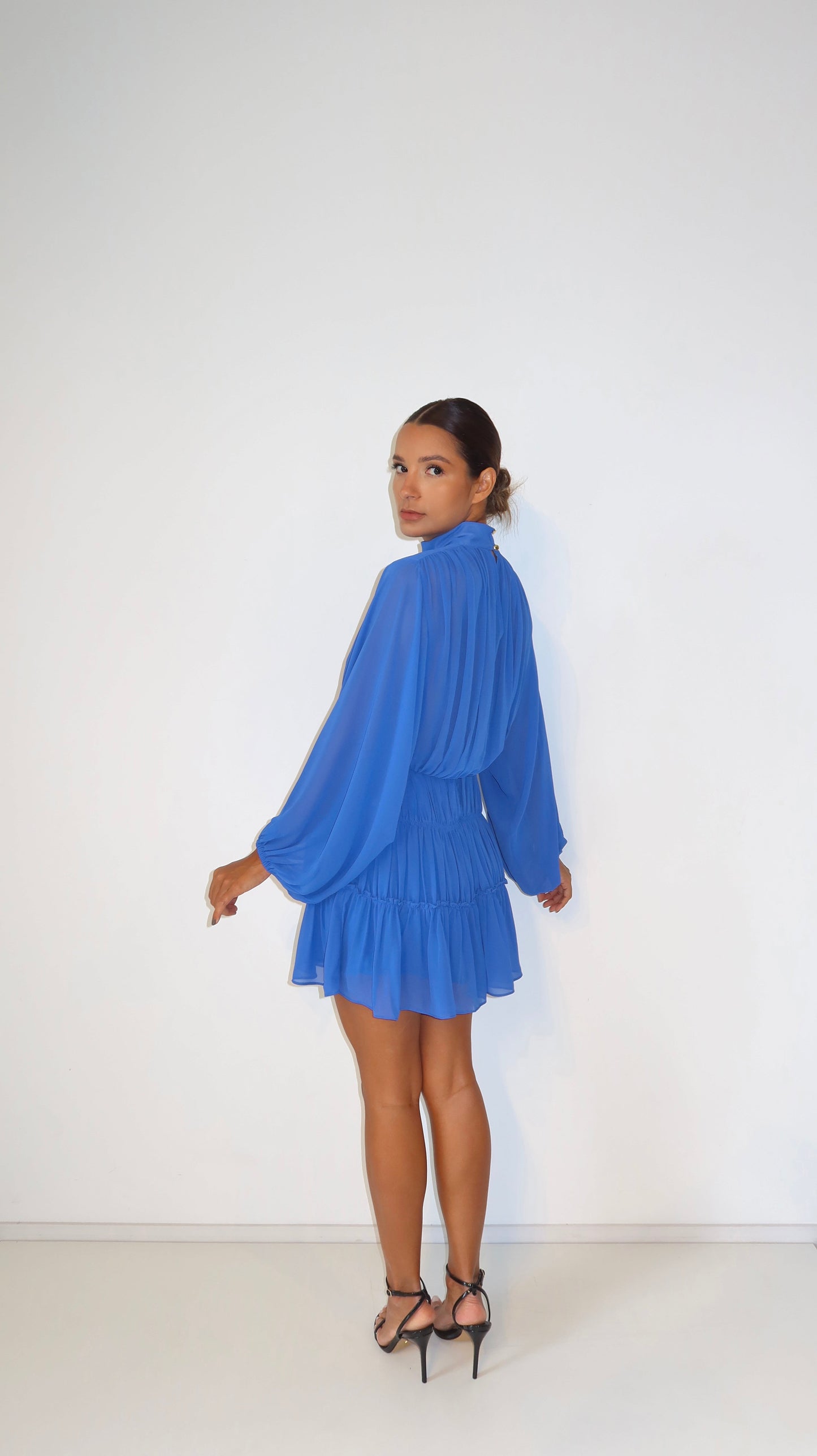 Vestido Curto Chiffon Drapeado Azul Toldo Soul Hara