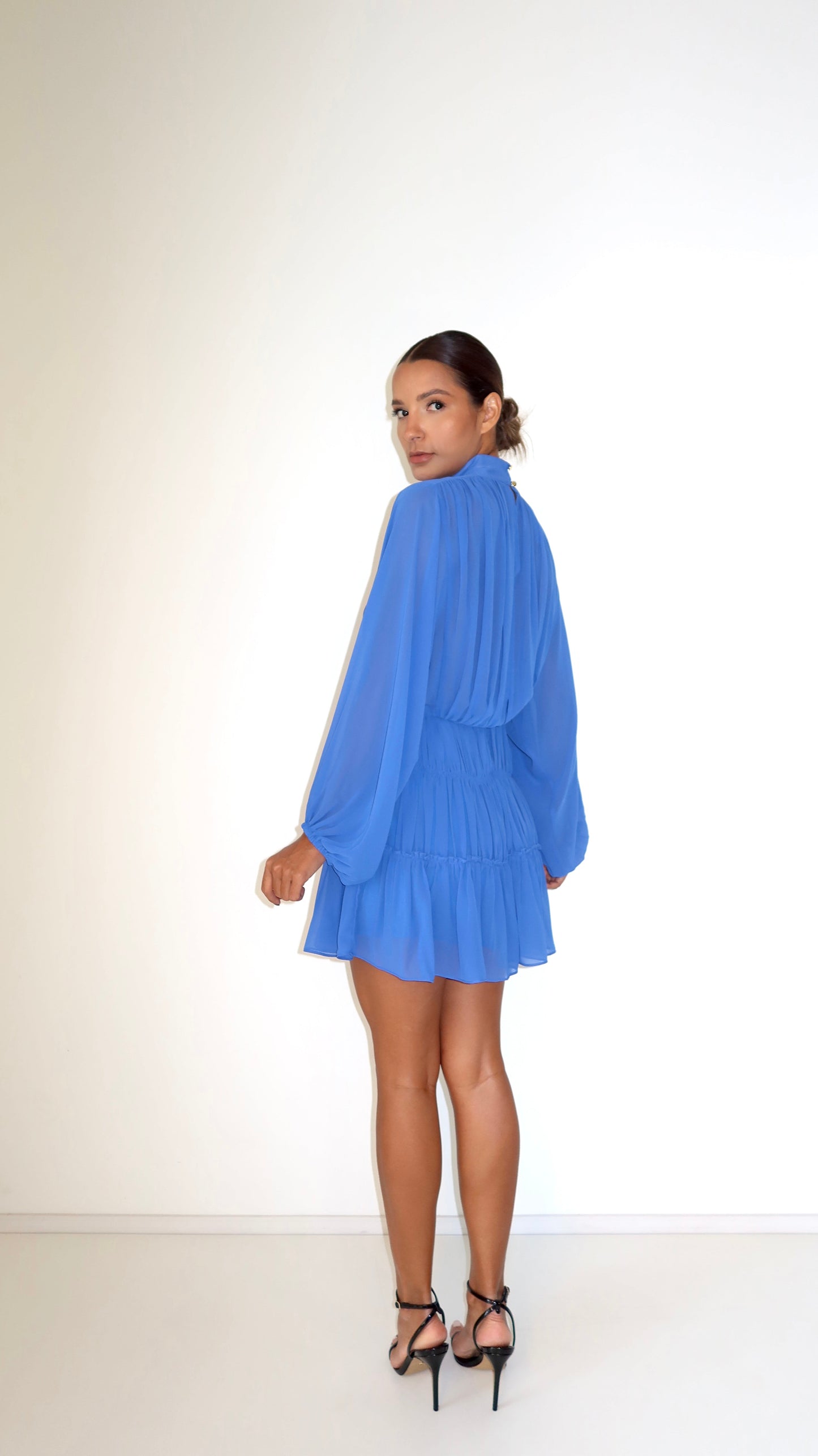 Vestido Curto Chiffon Drapeado Azul Toldo Soul Hara