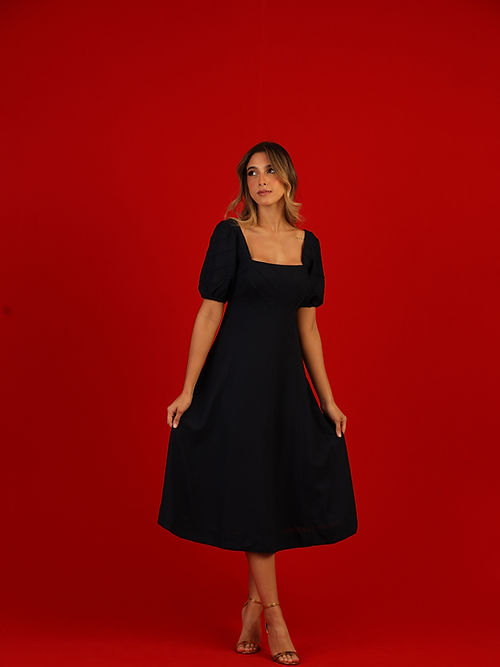 Vestido Folha Manga Bufante Preto Rio Negro - Soul Hara