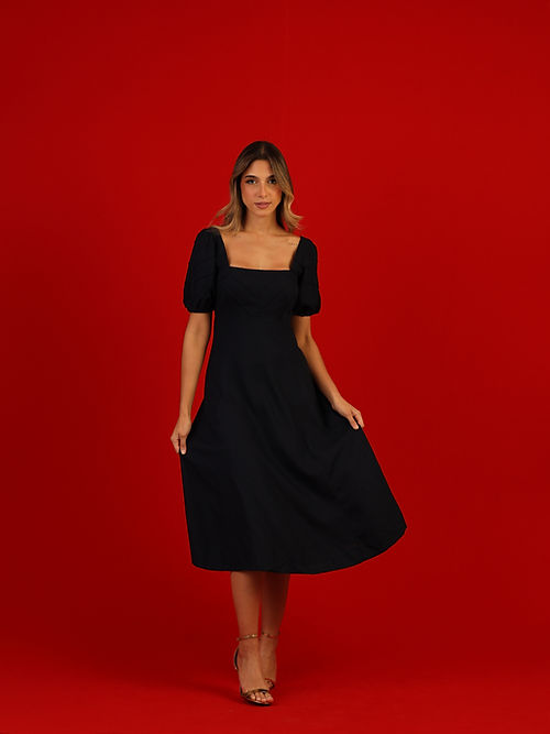 Vestido Folha Manga Bufante Preto Rio Negro - Soul Hara