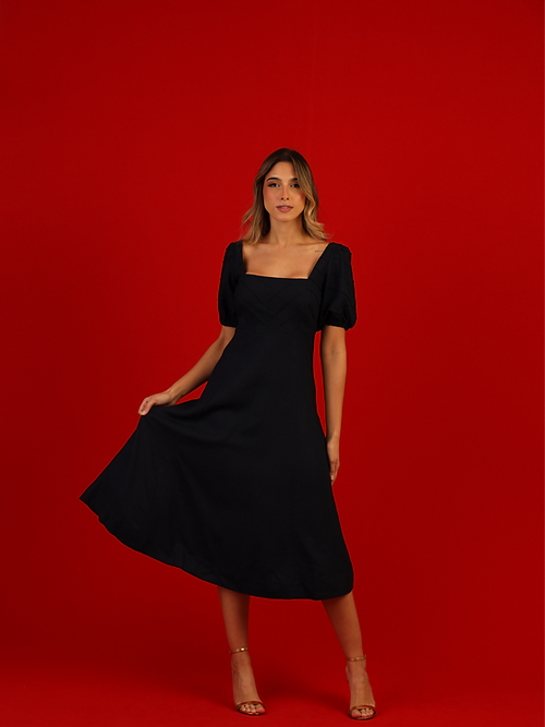 Vestido Folha Manga Bufante Preto Rio Negro - Soul Hara