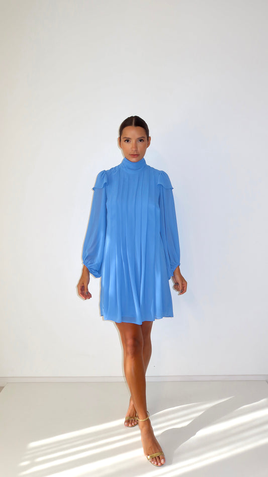 Vestido Chiffon Pregas Curto Azul Toldo Soul Hara