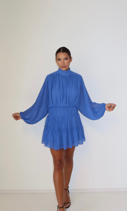 Vestido Curto Chiffon Drapeado Azul Toldo Soul Hara