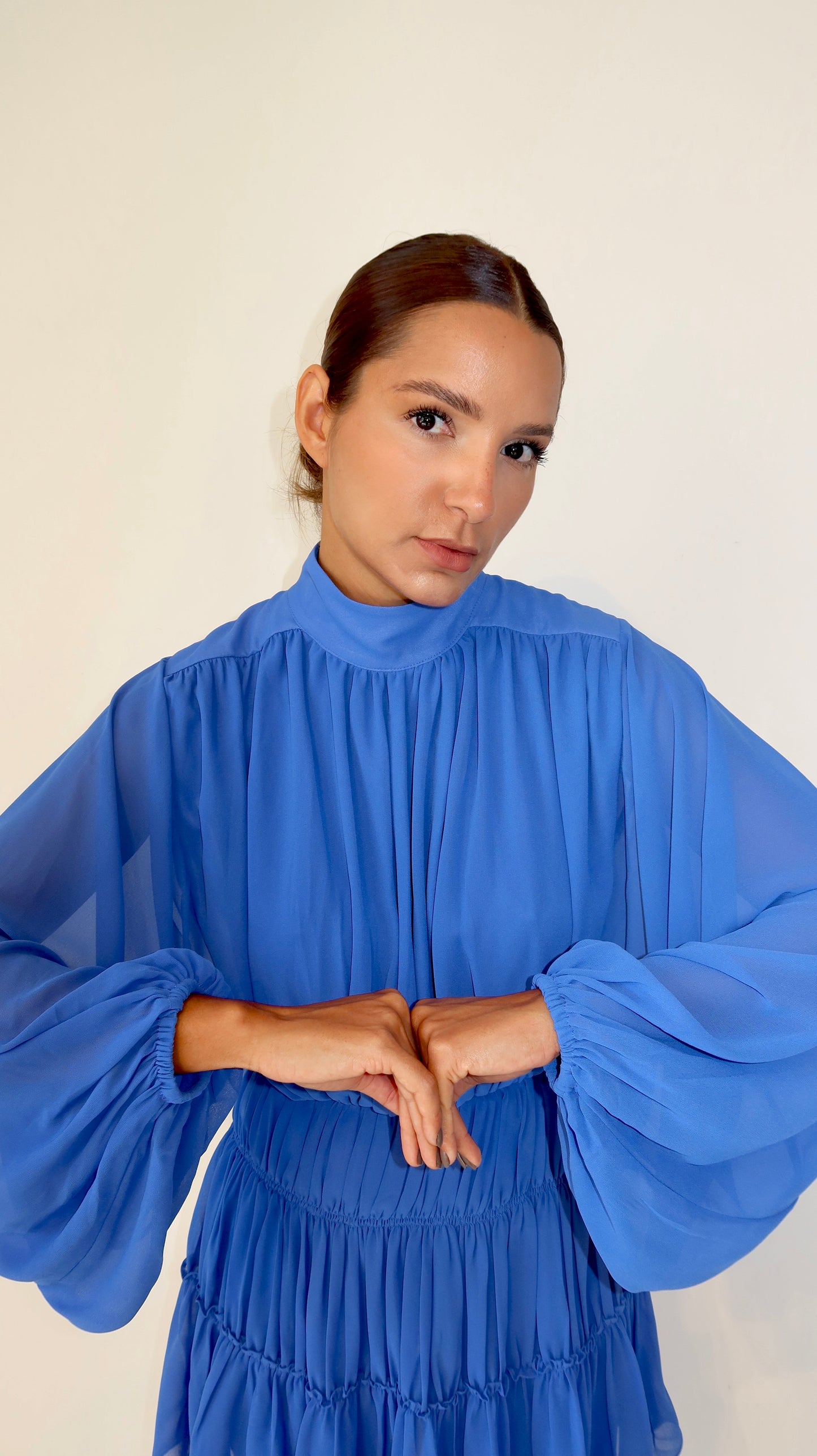 Vestido Curto Chiffon Drapeado Azul Toldo Soul Hara