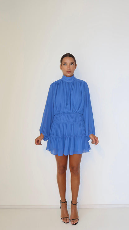 Vestido Curto Chiffon Drapeado Azul Toldo Soul Hara