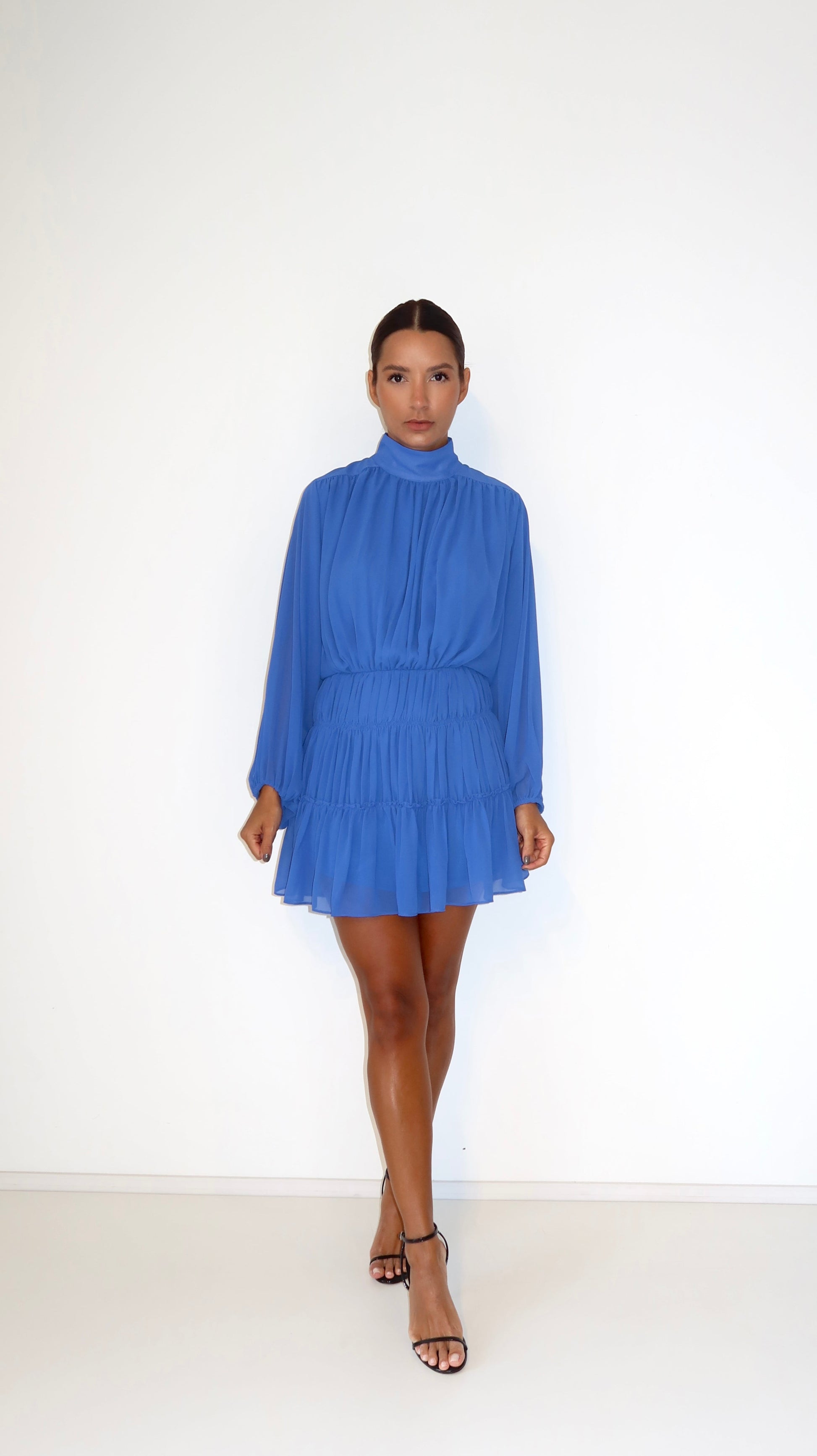 Vestido Curto Chiffon Drapeado Azul Toldo Soul Hara
