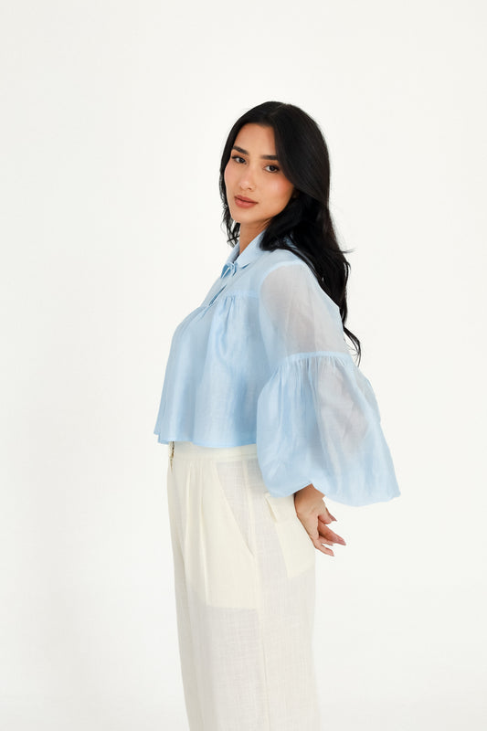 Camisa Cropped Crepe Azul Celeste Soul Hara