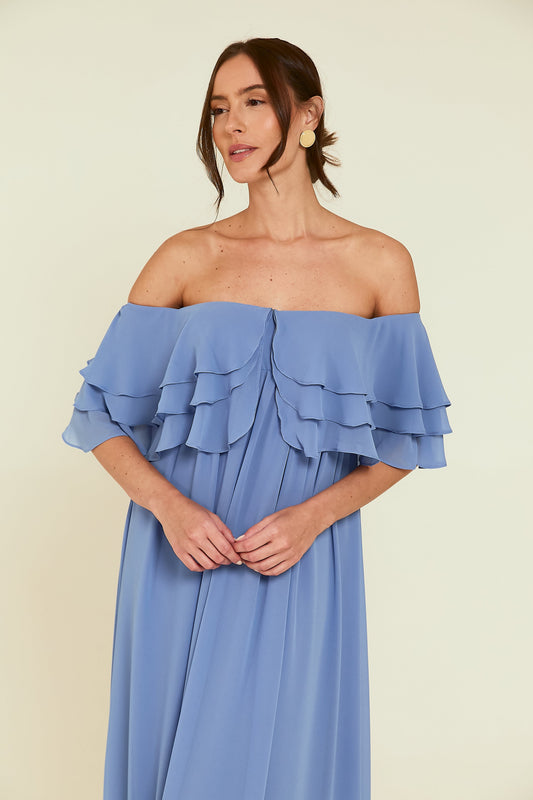 Vestido Longo Ombro a Ombro Azul Toldo Soul Hara