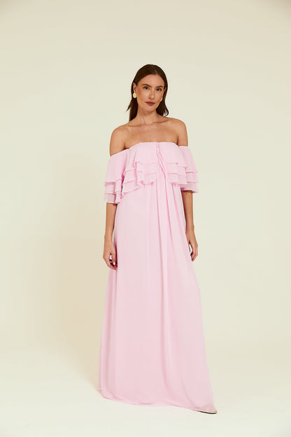 Vestido Longo Ombro a Ombro Rosa Pó Soul Hara