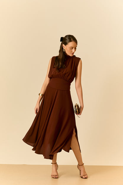 Vestido Midi Gola Alta Marrom Soul Hara
